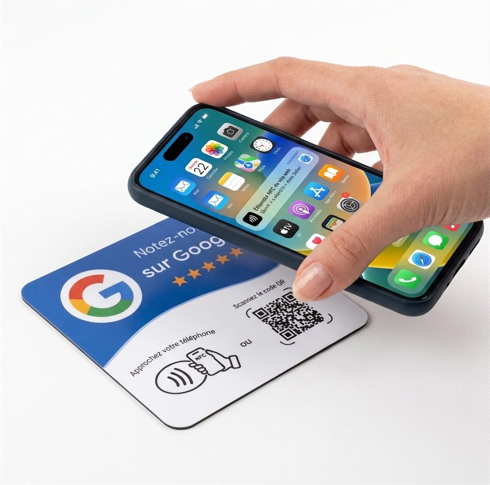 Un téléphone approché de la carte Tapline bleue pour la configurer