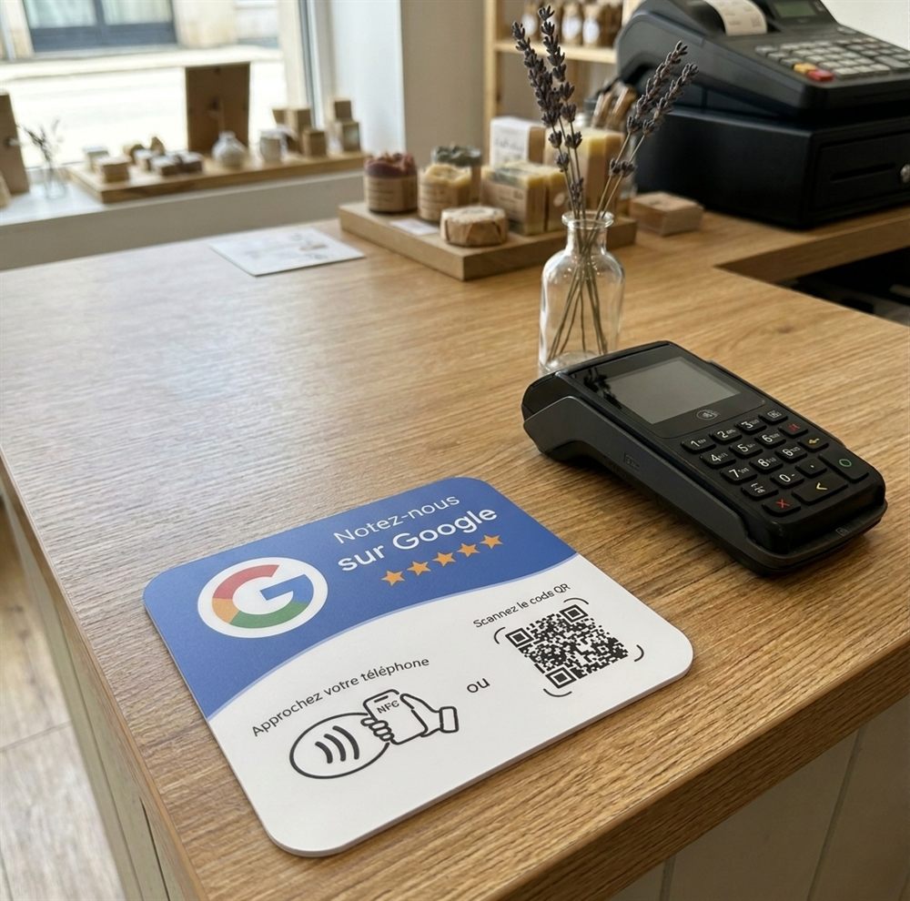 La carte Tapline posée sur le comptoir d'une boutique, à côté du terminal de paiement