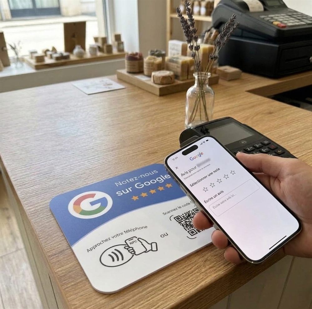 Un client ouvre la fiche d'avis Google sur son téléphone après avoir approché la carte